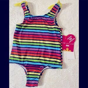 🛍 Pink Platinum Girl’s little Rainbow 🌈 Striped Print Swimsuit Size :4